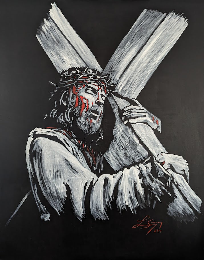Bearing Our Cross | Jesus Christ Carrying the Cross | Original Large Oil on Canvas | Christian Wall Art 60x48
